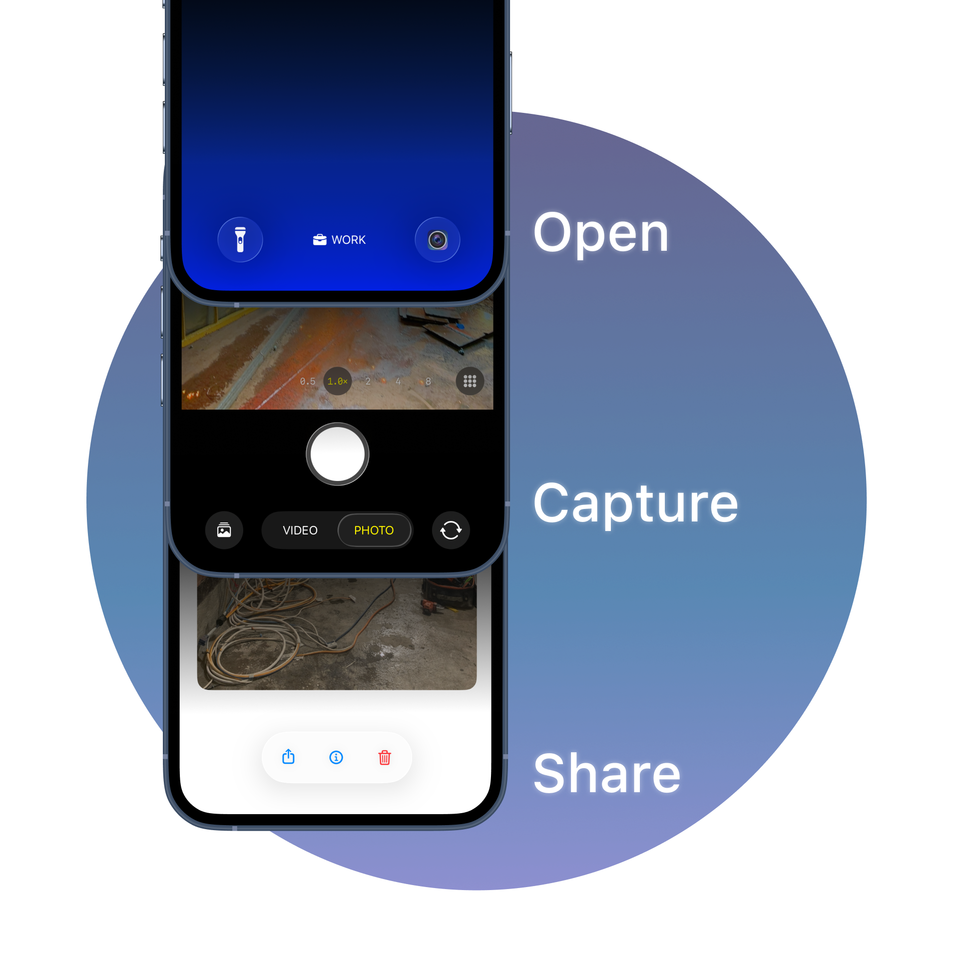 Three OneLens screens showing the open, capture and share flow